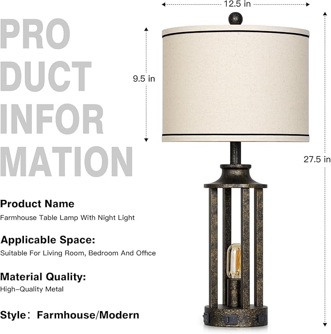 27.5" Bronze Farmhouse Table Lamps for Living Room, Tall Vintage Lamps Set of 2 with USB A+C Charging Port & AC Outlet, Rustic Bedside Lamp with Night Light, Bedroom Lamp for Nightstand Side End Table - Bloomnest
