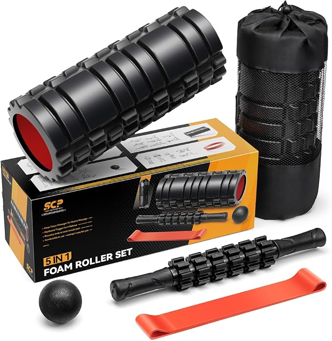 5 in1 Foam Roller Set, Trigger Point Foam Roller, Massage Roller Stick, Massage Ball, Resistance Band for Deep Muscle Massage Pilates Yoga,Fitness Exercise for Whole Body (Black-Red) - Bloomnest