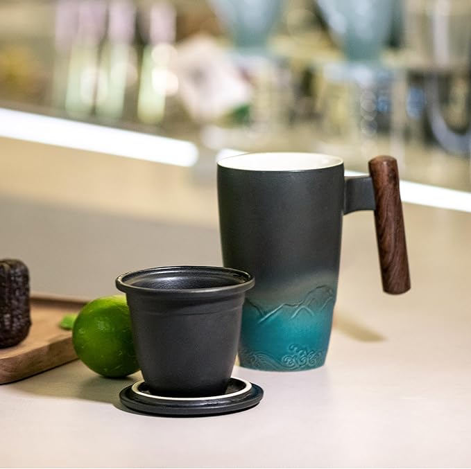 suyika Ceramic Tea Cup with Infuser and Lid Tea Mugs Wooden Handle 400ml/13.5oz Dark Green - Bloomnest