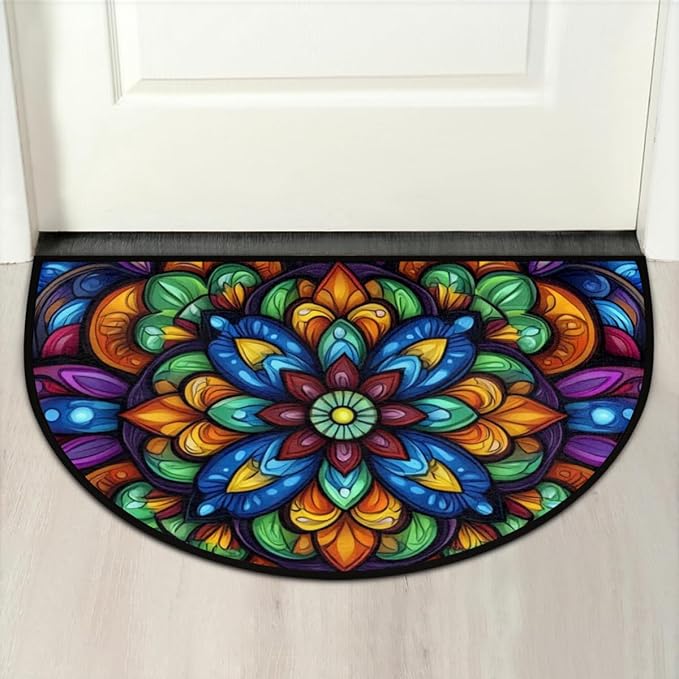 Half Round Door Mat, Glass Mandala Half Circle Rug for Home Decor Floor Indoor Outdoor Non-Slip Washable Half Moon Rug Doormat 36X24 Inch - Bloomnest