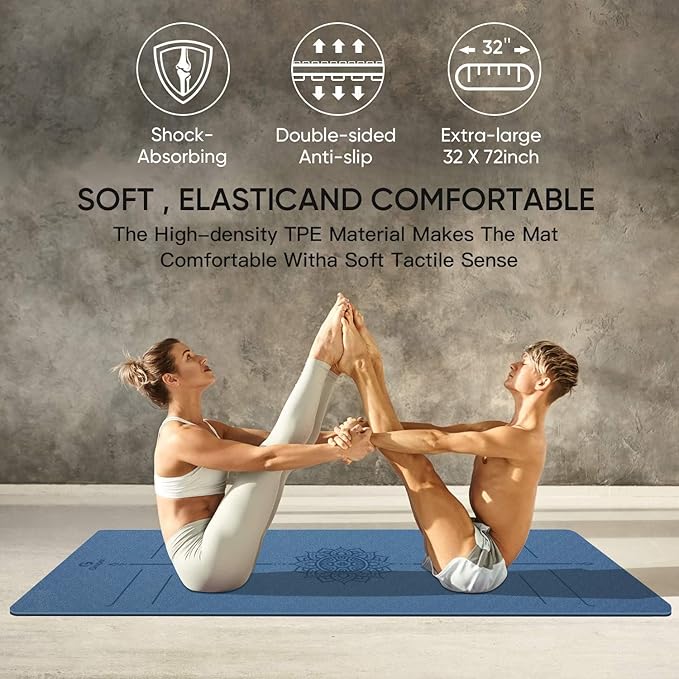 Yoga Mat Non Slip TPE Extra Wide Yoga Mat with Alignment Mark, 72"L x 32"W x 0.32"/0.24"Th (183cm x 80cm x 8mm/6mm), Anti-Tear Exercise Mat with Carrying Strap and Bag, Workout Mats for Yoga, Pilates - Bloomnest
