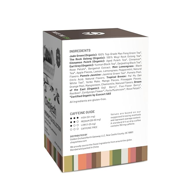 CHAYEAH, Premium Tea Collection (16 Pyramid Tea Sachets, 8 Assorted Flavors), Green, Black, Oolong, Pu’erh & Herbal Tea Sampler Variety Pack, Caffeinated and Non-Caffeinated, Whole Leaf Tea Bag - Bloomnest