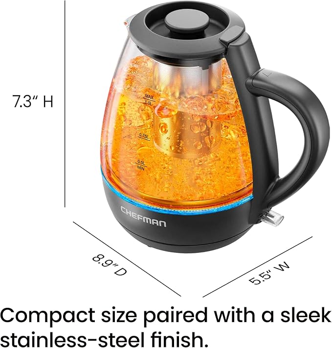 Chefman Electric Kettle with Tea Infuser, 1L 1500W, Removable Lid for Easy Cleaning, Boil-Dry Protection, Stainless Steel Filter, BPA Free, Auto Shut Off Hot Water Boiler, Small Electric Tea Kettle - Bloomnest