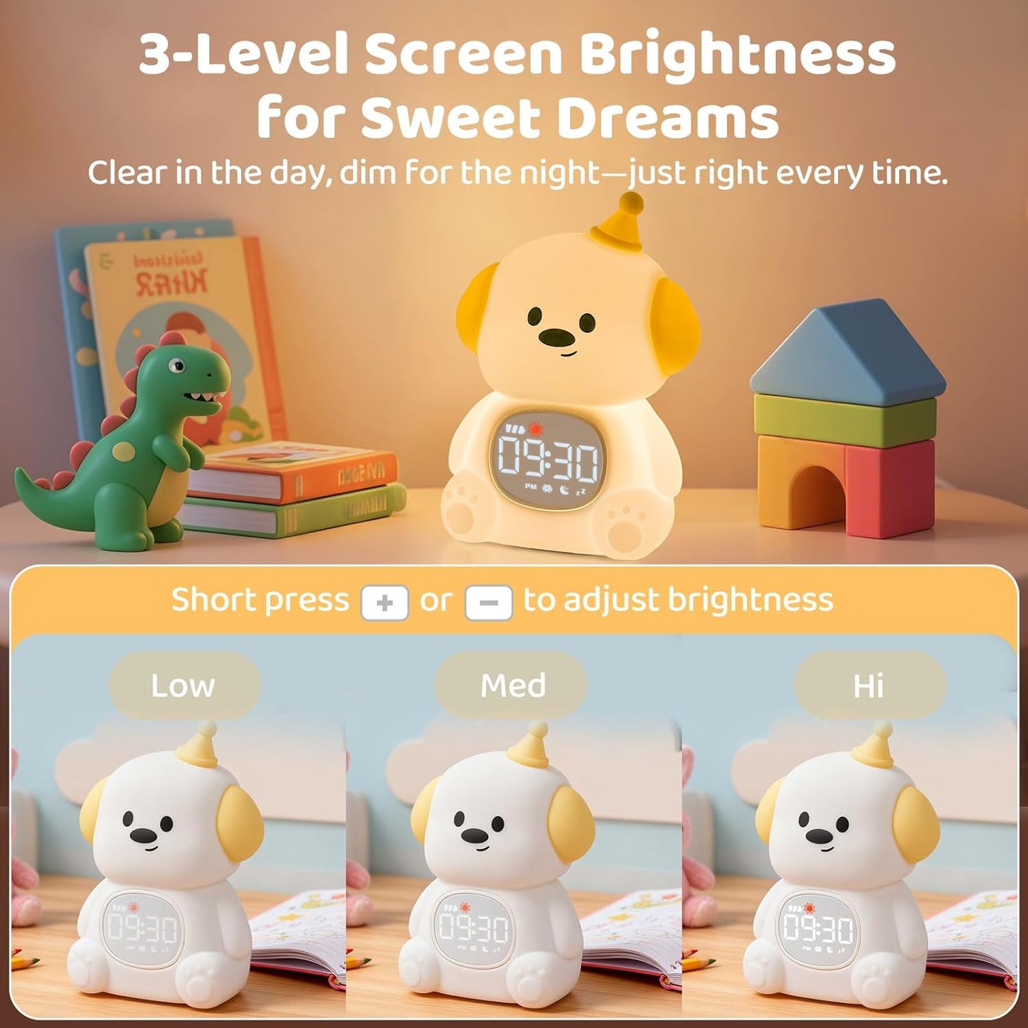 Dog Alarm Clock with Night Light for Kids with Sleep Training and Sound Machine, Rechargeable Silicone Lamp OK to Wake Clock,Cute Animal Tabletop Lamp, Perfect Sleep Companion for Boys Girls