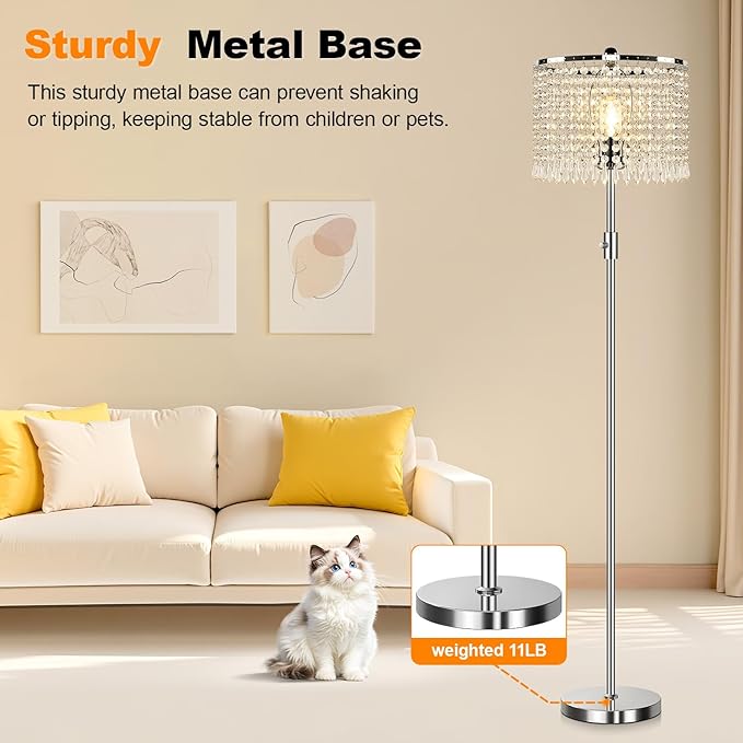 【Upgraded】 Dimmable Floor Lamps for Living Room, 1000LM LED Bulb Included, Standing Lamp with Crystal Lampshade, Tall Silver Pole Light for Bedroom Nursery Office Corner Reading - Bloomnest
