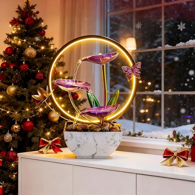 Pink Indoor Table Top Fall Decor Indoor Relaxation Water Fountain, Waterfall, Small Fountains with LED Lights Zen Meditation Fountains. - Bloomnest