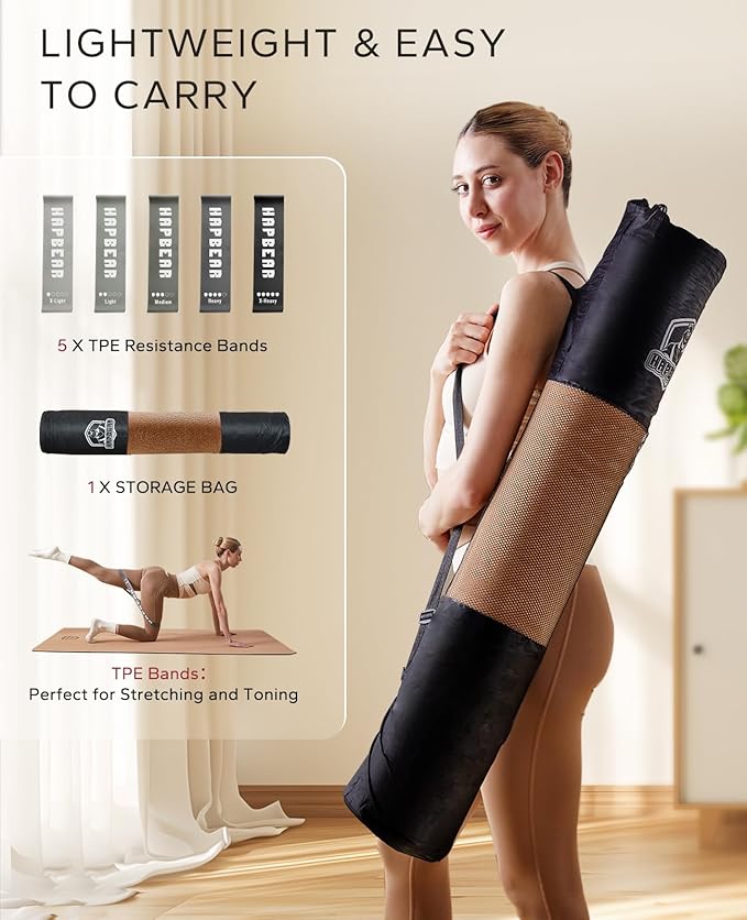 HAPBEAR Large Cork Yoga Mat - 72"x36" Wide Non-Slip for Home Workout, Yoga, Pilates & Stretching - 6mm Cushioned Support - Eco-Friendly & Durable - Bonus Resistance Bands & Carry Bag Included - Bloomnest