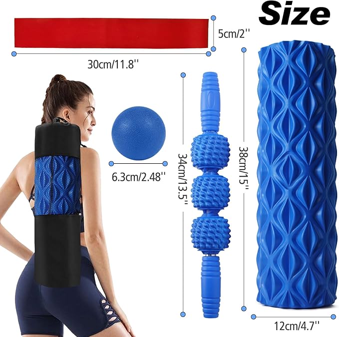 5 in 1 Foam Roller Set Trigger Point Foam Roller, Massage Roller Stick, Massage Ball, Stretching Strap for Deep Muscle Massage Pilates Yoga, Fitness Exercise for Whole Body (Blue Diamond) - Bloomnest