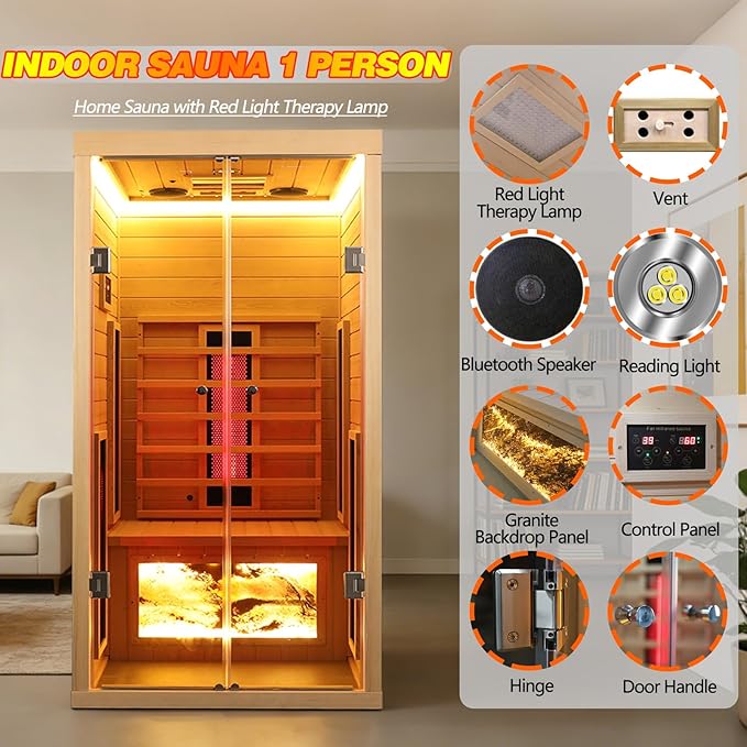 Hemlock 1 Person Infrared Sauna with Red Light Therapy, 1810W/120V Ceramic Far Infrared Sauna with 660nm & 850nm Red Light Therapy Lamp, 5x280W Ceramic Heaters, Bluetooth Speaker, Granite Back Panel KUNSANA