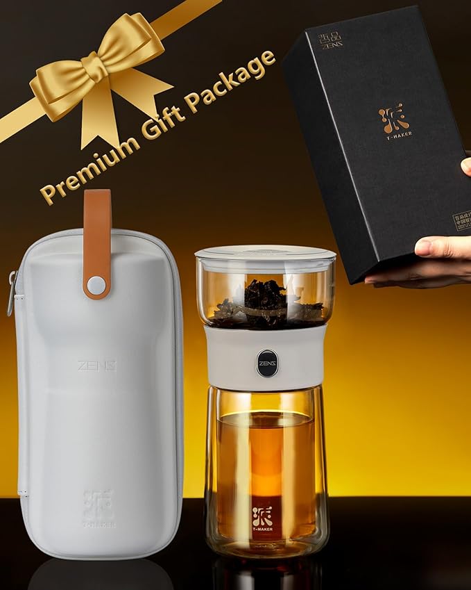ZENS Modern Tea Pot, Glass Teapot with Infusers for Loose Tea Diffusers with One Touch Pouring, Cool Portable Tea Maker with Insulated Tea Mug and Travel Tea Kits for Tea Lover Gifts - Bloomnest