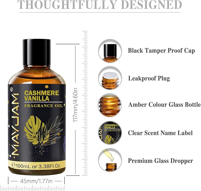 Cashmere Vanilla Fragrance Oil Essential Oil, MAYJAM 3.38FL.OZ Cashmere Vanilla Oil for Diffusers for Home, Long Lasting Scented Oils for Soap Candle Making - 100ML MAYJAM