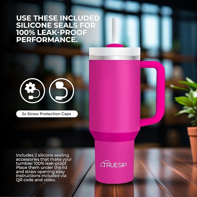 Ultimate 40oz All in One Tumbler - Leak Proof Stainless Steel Tumbler - Includes Silicone Boot, 3 Straws, 2 Straw Caps, & Cleaning Brush (Fuchsia) - Bloomnest