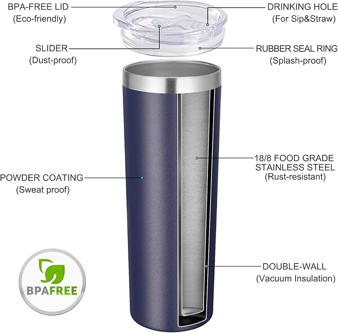 VEGOND Stainless Steel Tumblers Bulk 12 Pack, 20 oz Vacuum Insulated Skinny Tumblers with Lids and Straws, Double Wall Coffee Mug, Travel Water Cup, Navy Blue - Bloomnest