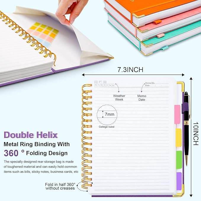 Hardcover Spiral Notebook 8"x10" Journal Notebook with Tabs and Removable Dividers 300 Pages 5 Subject Notebook College Ruled, Faux Leather Spiral Bound Notebook for Women School Work (Purple) - Bloomnest