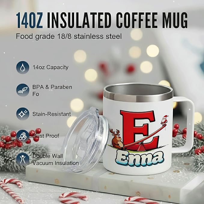 JugJug Personalized Christmas Mug with Initial & Name - Funny Seesaw Santa 12oz Insulated Coffee Cup w/Lid - Cute Xmas Gifts for Kids, Girls (B174) - Bloomnest