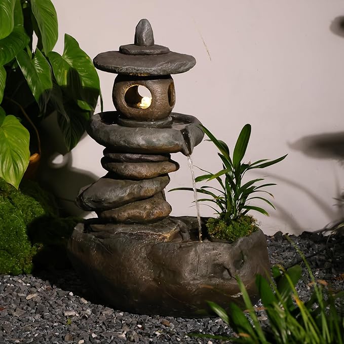 28" H Imitation Rock Pagoda Design Outdoor&Indoor Cascading Water Fountain, Natural Zen Decor Waterfall with LED Lights - Suitable for Garden/Patio/Yard/Deck/Balcony and Home Art Decor (Resin) - Bloomnest