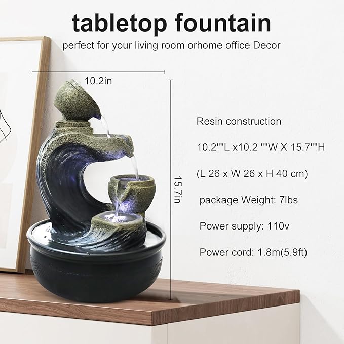Indoor Tabletop Water Fountain with LED Light - 15.7-inch High 4-Tier Desktop Waterfall Fountain for Home Bedroom Office Decor