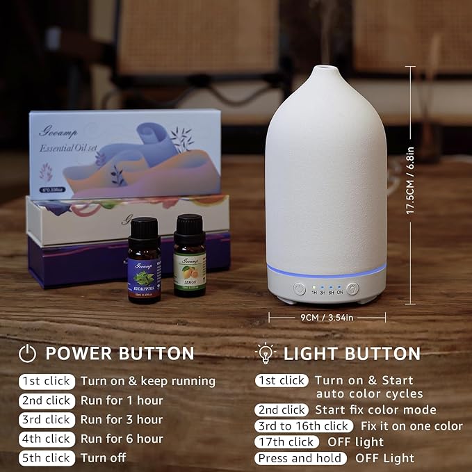 200ML Ceramic Essential Oil Diffuser - Ultrasonic Aromatherapy & Humidifier with 7-Color LED Lights, Auto Shut-Off, White, 1H/3H/6H Timer | Scent for Home,Office,Yoga - Bloomnest