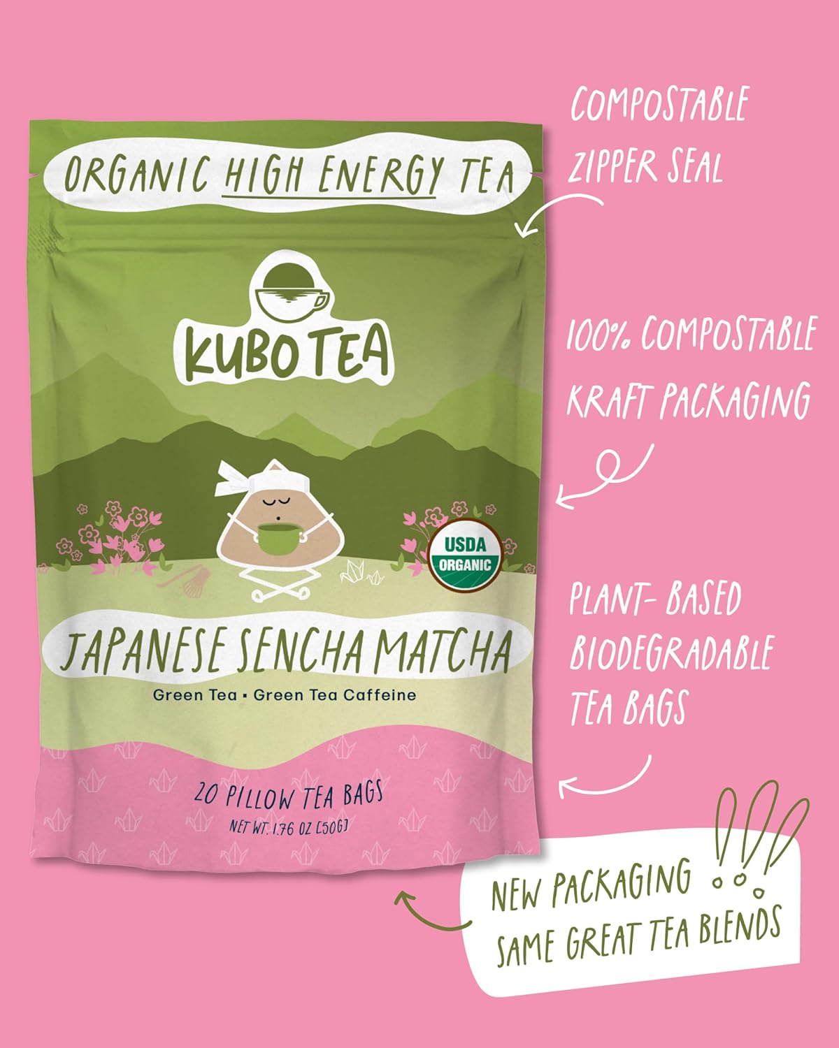 Kubo Tea Japanese Sencha Matcha Tea - Organic High Caffeine Energy Blend w/ Matcha Powder - 20 Pillow Tea Bags (140mg Caffeine each) - Coffee Substitute for Hot & Iced Drinks, Biodegradable & Compostable Packaging