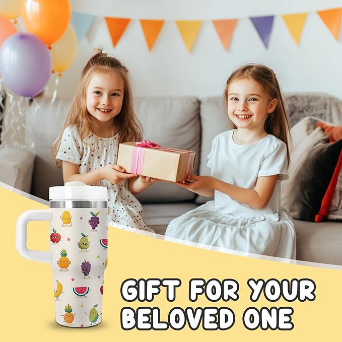 Fruit Tumbler Gifts - 14 oz Kids Tumbler with Handle & Lid, Stainless Steel Insulated Cup, Featuring Apple, Pineapple, Grape, Watermelon, for School, Travel, Daily use Children's Birthday Gift (1pc) Bloomnest