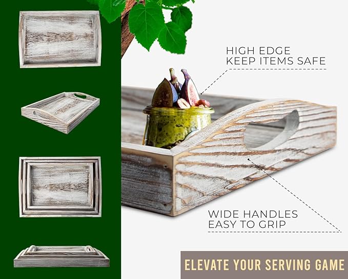 Comfify Serving Trays Set of 3 - Ottoman Wood Trays for Entertainment, Food and Decor - Rustic Farmhouse Distressed Wood Finish - Rustic White - Bloomnest