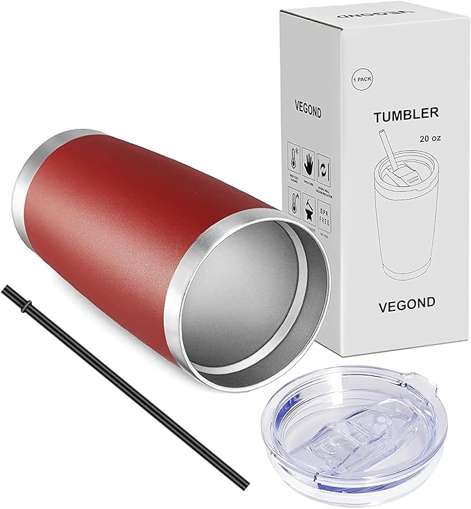 VEGOND 20oz Tumbler with Lid and Straw Stainless Steel Tumbler Cup Vacuum Insulated Double Wall Travel Coffee Mug Powder Coated Coffee Cup(Powder Red 1 Pack) - Bloomnest