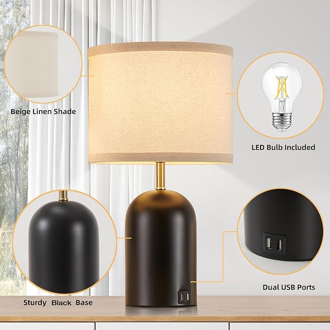 Touch Control Table Lamps Set of 2, Modern Bedside Lamp with 2 USB Ports, 3-Way Dimmable Gold and Black Nightstand Lamp with Fabric Shade for Living Room Bedroom Office Dorm(LED Bulbs Included) - Bloomnest