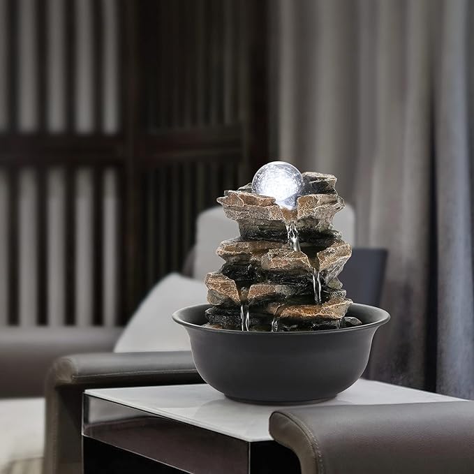 WICHEMI Indoor Fountains Tabletop Fountain Waterfall Fountain Indoor Water Feature Stacked Rocks Feng Shui Zen Meditation Relaxation Desktop Fountain with LED Light for Home and Office Decor(Style 5)