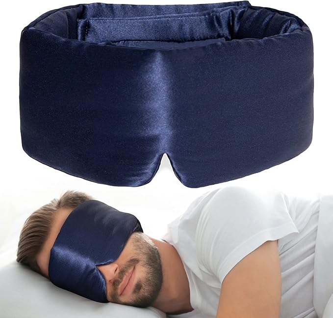 100% Natural Silk Eye Mask for Women Men, Soft Pressureless Cooling Blackout Eye Covers for Sleeping, Large Size Sleep Mask fits All Heads Adjustable, 1PC, Navy Blue - Bloomnest