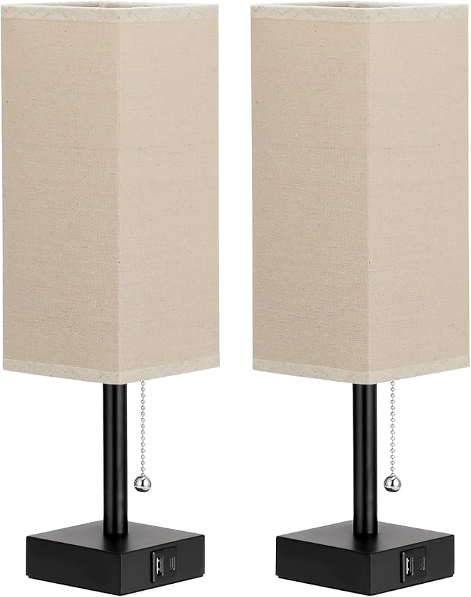 Beige Bedside Table Lamps Set of 2 - Square Bedroom Lamps with 3 Color Temperatures (3000K/5000K/4000K), Nightstand Lamps with USB C + A Charging Ports, Pull Chain Small Night Light for End Table - Bloomnest