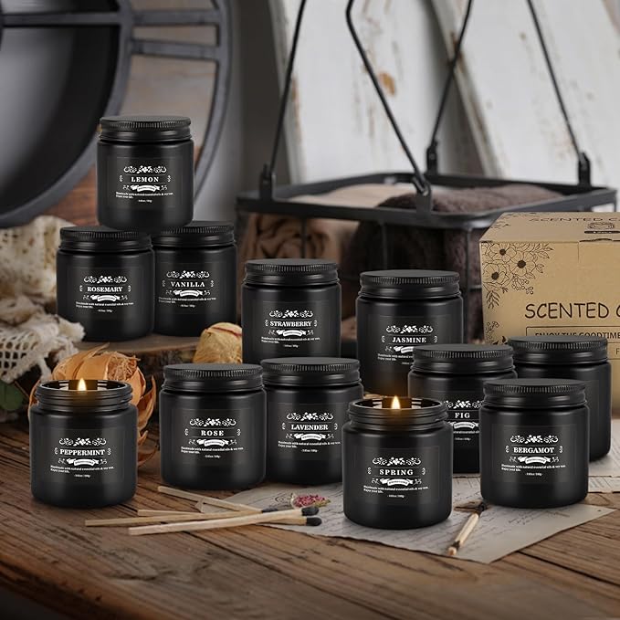 Scented Candle Set 12 Pack,Black, Candle for Home Scented, Odor Eliminating, Stress Relief, Long Lasting Soy Wax Gift Set - Bloomnest