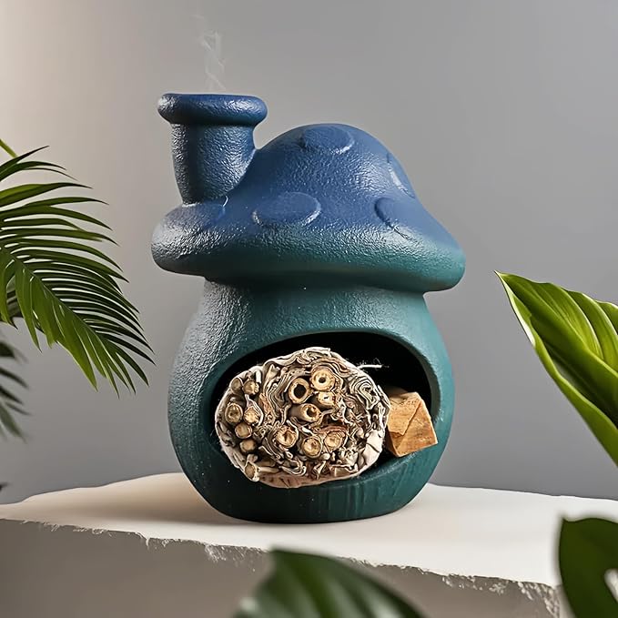 Mushroom Incense Holder, Red Ceramic Palo Santo Holder Burner & Sage Holder - Mini Tabletop Chiminea Burner Tray with Ash Catcher, Cute Mushroom Decorations for Spiritual Meditation & Yoga
