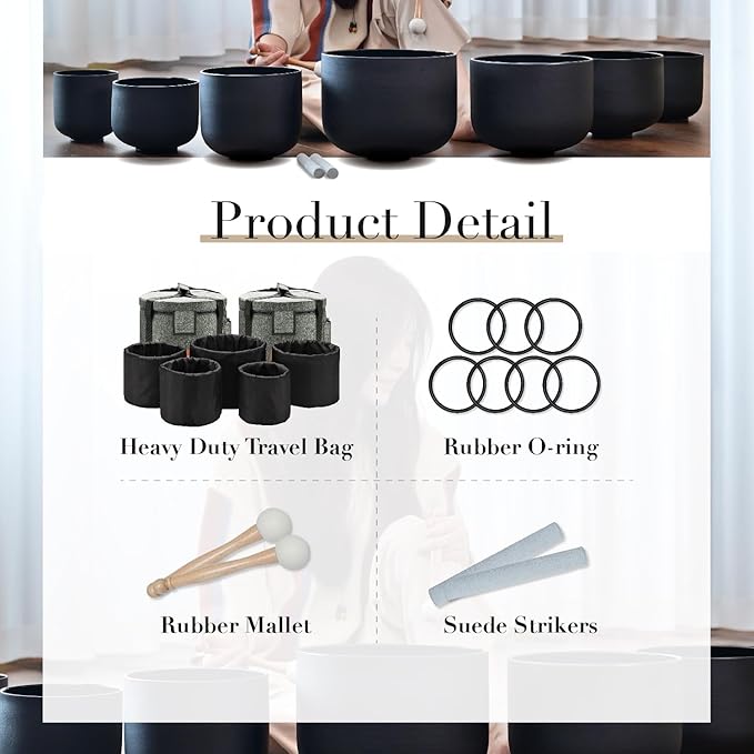 432HZ 6-12 Inch Set of 7 Chakra Black Frosted Quartz Crystal Singing Bowls with 2 Pcs Carry Cases and Suede Mallet - Bloomnest