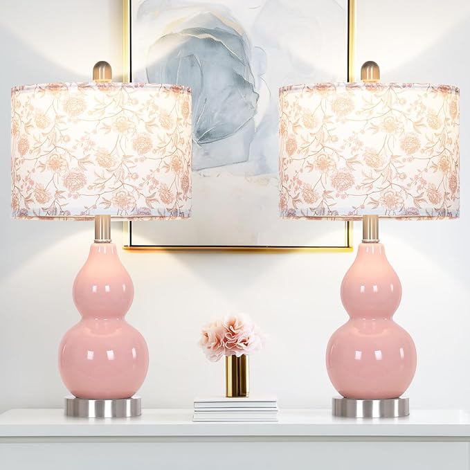 Pink Double Gourd Ceramic Lamps Set of 2 with Flower Lampshade, Modern Table Lamps for Living Room, Contemporary Nightstand Bedside Lamp for Bedrooms End Tables Office Dorm Decor(2 LED Bulbs Included) - Bloomnest
