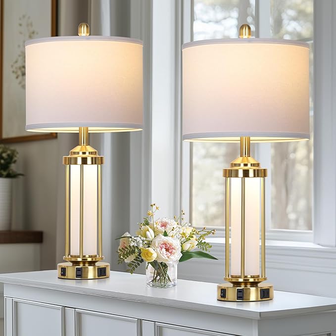 Modern Table Lamps, Gold 27" Industrial Table Lamp Set of 2 with USB A+C Charging Ports & AC Outlet, Farmhouse Rustic Beside Lamp for Living Room Bedroom Office End Table(4 LED Bulbs Included) - Bloomnest