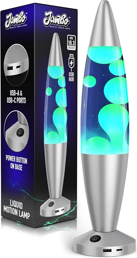 JAMBO Beautiful Liquid Lamp with USB Ports, 16" Motion Light with Blue Liquid Yellow Wax, Relaxing Nightlight, Mood Light for Bedroom, Living Room, Office - Adults, Teens, Kids - Bloomnest