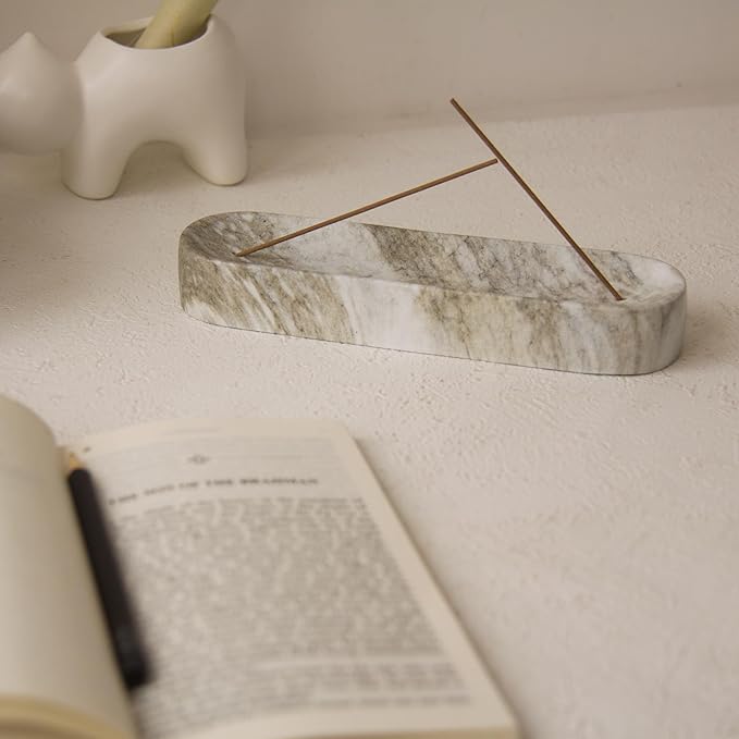 Marble-Patterned Concrete Incense Holder, with A Box of Cedar Incense, 7.1 Inch Good for Incense Tray, A Poetic and Artistic Gift for Yoga&Meditation(Gray) - Bloomnest