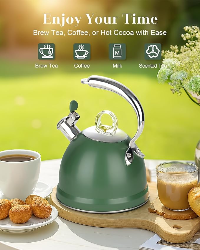 Harriet Tea Kettle Stovetop, 2.5 Quart Whistling Stainless Steel Tea Pot, 3-Layer Base, Unique Ergonomic Handle, Includes Pot Holder & Mat, Electric/Induction/Gas Stovetops Applicable, Green - Bloomnest