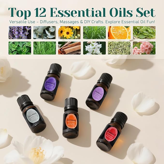 100% Natural Pure Essential Oils Set - Top 12 Organic Undiluted Oils for Aromatherapy Diffuser Plant Therapy,Candle Making,Laundry Fragrance,Humidifiers,Skin Care (0.33 Fl Oz 12 Pack) - Bloomnest