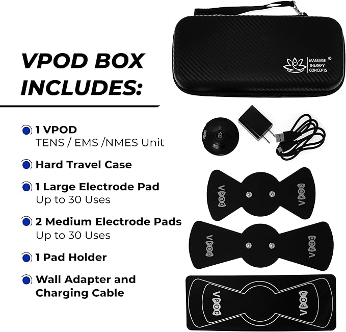 Massage Therapy Concepts VPOD Wireless TENS Unit Muscle Stimulator - Bluetooth Device with 24 Therapy Modes for Pain Relief - HSA FSA Eligible for Back Neck Nerve Pain