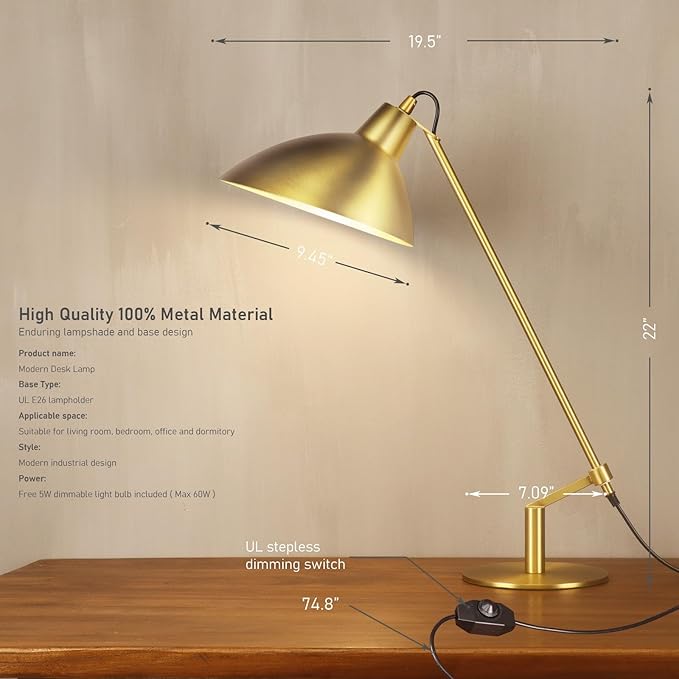 Desk Lamp Modern Industrial 100% Metal Table Lamp 22", Soft White Light (3000K) with Adjustable Switch, Ideal for Office Bedroom Study Room Living Room Nightstand Bedside Lamps Brass - Bloomnest