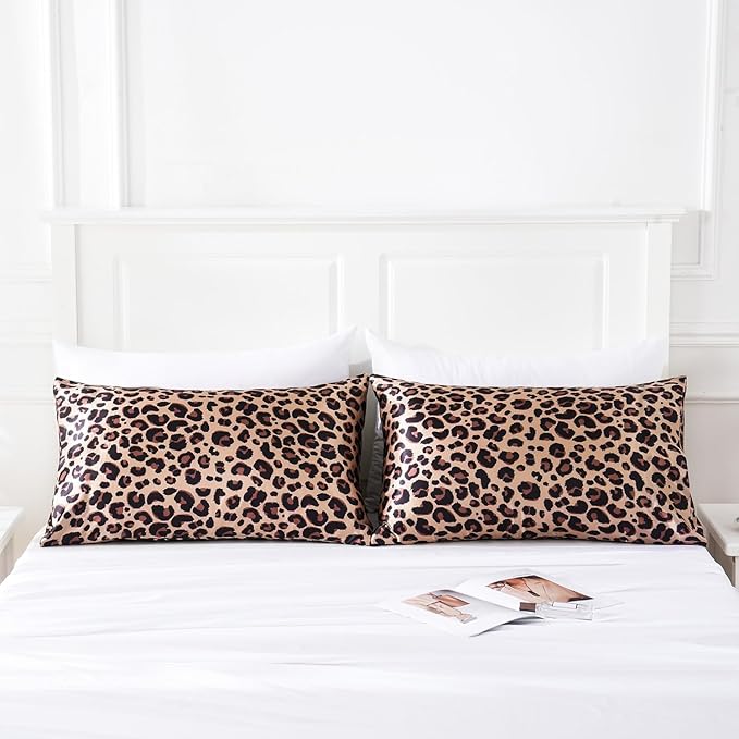 MR&HM Satin Pillowcase for Hair and Skin, Silk Satin Pillowcase 2 Pack, King Size Pillow Cases Set of 2, Silky Pillow Cover with Envelope Closure (20x40, Brown Leopard) - Bloomnest