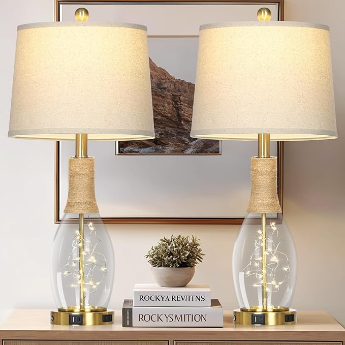 28" Boho Table Lamps Set of 2, Coastal Glass Lamps with USB A+C Ports and Outlet, Nautical Beach Bedside Lamp for Living Room Bedroom Night Stands(2 LED Bulbs Included), Gold - Bloomnest