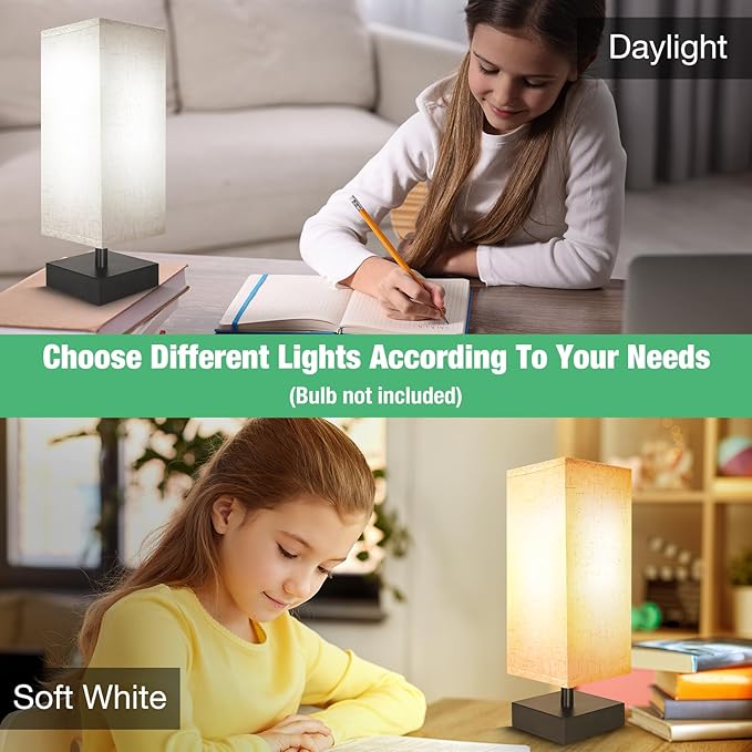 Small Bedside Lamp, Mini Minimalist Table Lamp with Square Flaxen Fabric Shade, 11 Inch Desk Reading Lamp for Bedroom, Living Room, Office, 2 Pack - Bloomnest