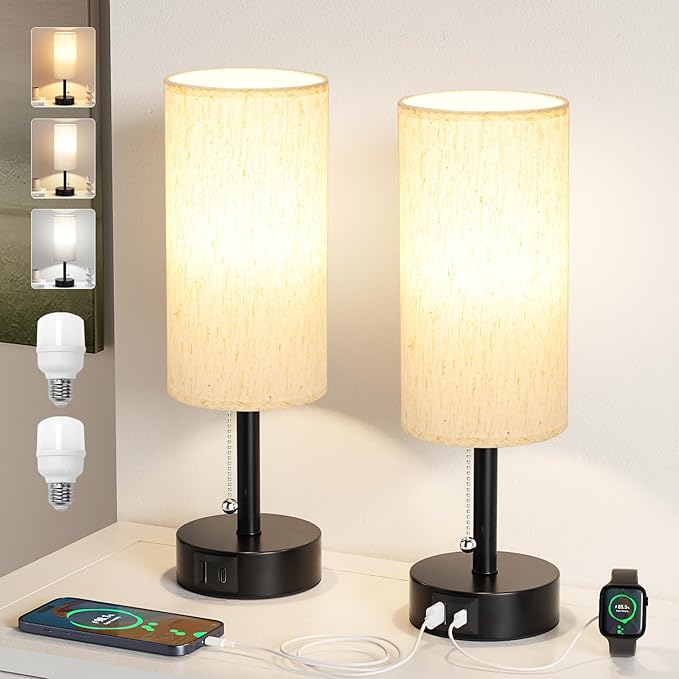 Fenmzee USB Bedside Table Lamps Set of 2-3 Color Temperatures Pull Chain Lamp with USB C and A Charging Ports, Round Night Stand Lamps for Bedroom - Bloomnest