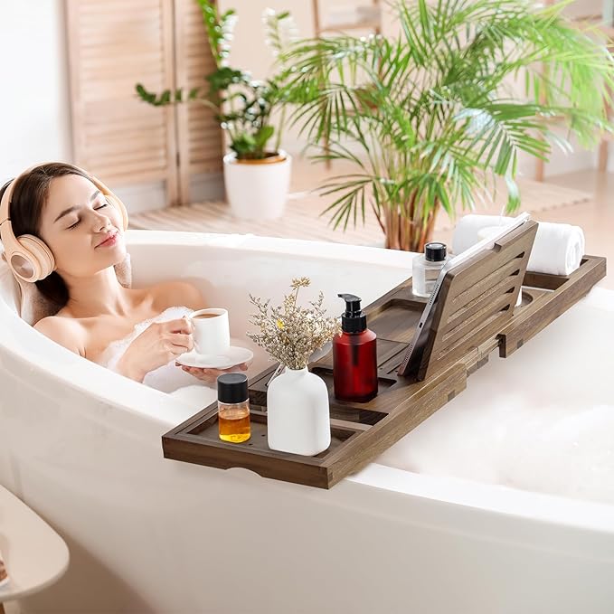 Teak Bathtub Tray - Luxury Bath Tray with Expandable Handles, Wine Glass and Phone Holders, Book Stand - Perfect for Home Spa Relaxation and Reading - Natural Bath Accessories - Dark Walnut Color - Bloomnest