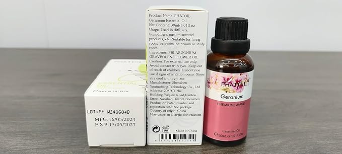 Geranium Essential Oil 1.01fl.oz/30ml, PHATOIL Premium Geranium Oils Long Lasting Scents for Aromatherapy, Diffuser, DIY Soap and Candle Making PHATOIL