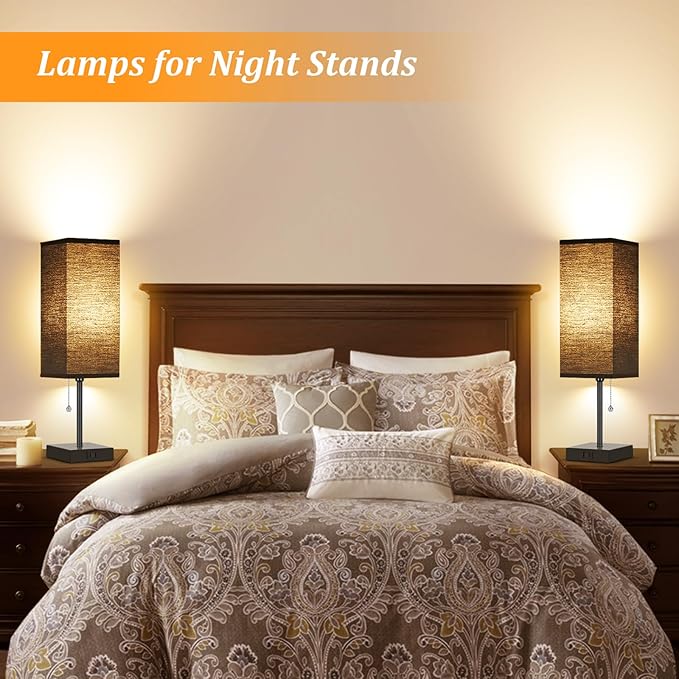 Table Lamp for Bedroom set of 2,3-Color Bedside Lamps with Pull Chain Table Lamps for Nightstand with AC Outlets,18'' Night Light Lamps with 2 Bulbs Lamps for Living Room Kids Office Decor(Black) - Bloomnest