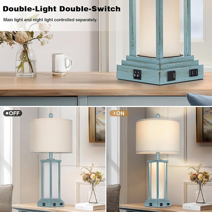 27" Tall Vintage Table Lamp Set of 2 with USB C+A & Outlet,Nightstand Lamp for Living Room,Coastal Bedside Lamps with Frosted Glass Night Light for Bedroom Entryway,Blue - Bloomnest