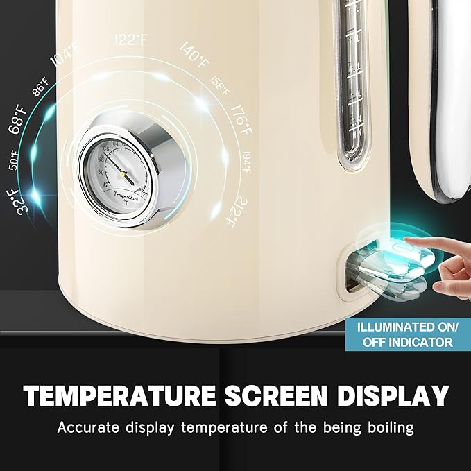 SUSTEAS Electric Kettle - 57oz Hot Tea Kettle Water Boiler with Thermometer, 1500W Fast Heating Stainless Steel Tea Pot, Cordless with LED Indicator, Auto Shut-Off & Boil Dry Protection, Beige - Bloomnest